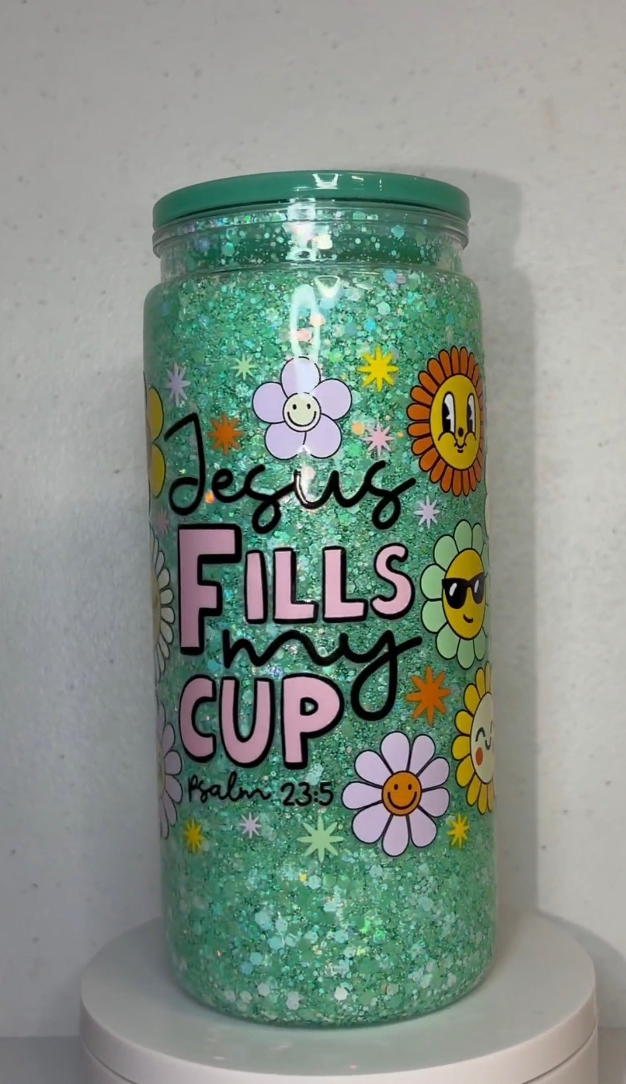 20oz acrylic snowglobe tumbler “Jesus fills my cup”